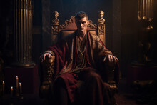 A Roman Emperor Caligula Sits On A Throne, Surrounded By The Symbols Of His Might And Power, Ai Generative