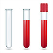 Glass laboratory test tube with cap. Blood test tube glass design. Empty vial without liquid. Laboratory glassware, biology, medicine and pharmaceuticals. Object on a white background. Vector EPS 10