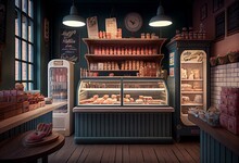 The Interior Of An Old Fashioned Delicatessen Shop With Meats Cheeses And Exotics Foodstuffs On Shelves And Counters. Generative Ai Illustration