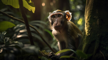 Wall Mural - A curious monkey playing in a tropical Generative AI