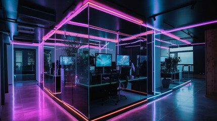 Canvas Print - A futuristic office with fluorescent neon Generative AI