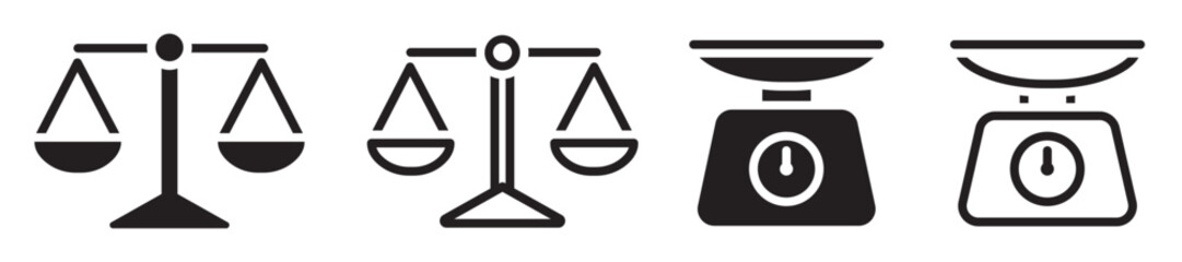 Set of scales icons. Scales of justice symbols. Law judgment punishment signs. Law scale icon, libra vector.