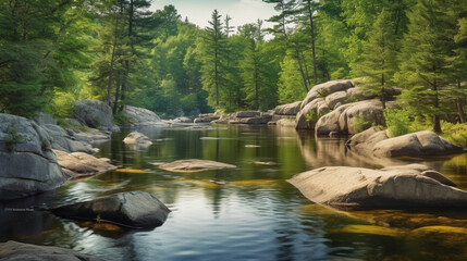 Poster - A river or lake surrounded by trees and rocks Generative AI