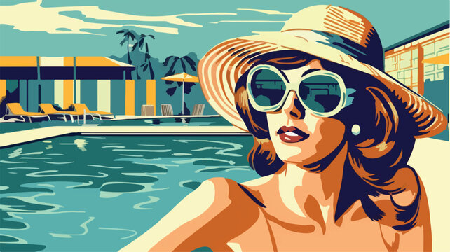 Wall Mural -  - Girl sitting by the pool. Retro cartoon vector style. Woman in holiday wearing a bathing suite relaxing near the swimming pool. Summer paradise. Taking vacations in a resort. Beautiful relaxation art