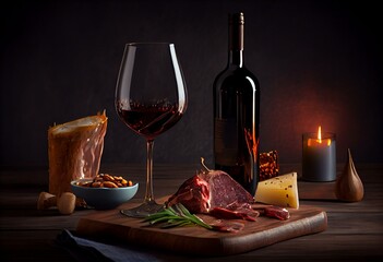 Image of red wine and charcuterie spread. Generative AI