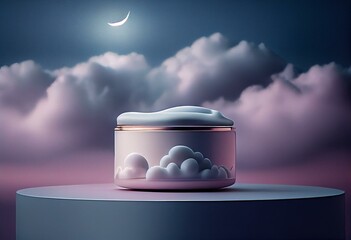 Illustration, cloudy natural minimalist podium background for cosmetic products like night cream and skin care, surrounded by clouds at night. Generative AI