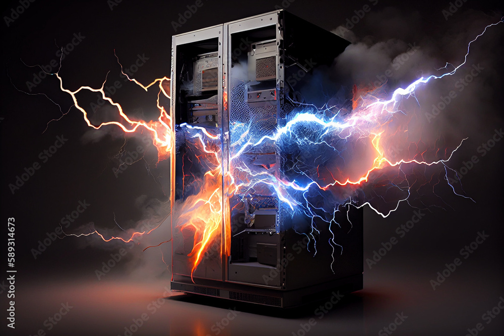 Short circuit in data center server, explosion and fire. Concept of ...