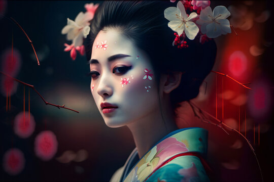 geisha with sakura flowers, portrait of a japanese woman, fictional person created with generative a