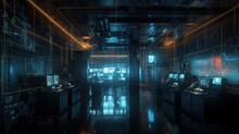 Futuristic HUID Interfaces Reveal AI-Powered Data Center Processing Massive Data With Cutting-Edge Technology In Industrial Warehouse & Office Building, Generative AI