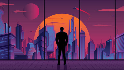 Wall Mural - Businessman Watching Futuristic City