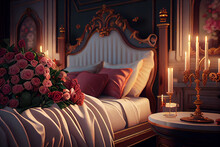 Romantic Classical Majestic Bedroom With Large Bed Luxury Interior And Flowers Around. Hotel Bedroom Interior.
