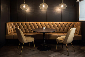 Wall Mural - Interior of modern luxury restaurant, table and chairs in empty room, generative AI.