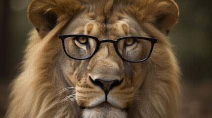 Canvas Print - Lion wearing prescription glasses Generative AI