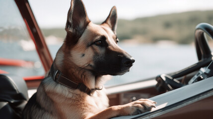 Canvas Print - Dog driving a boat Generative AI