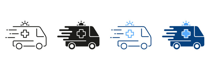 Wall Mural - Ambulance Line and Silhouette Icon Set. Urgent Medical Help. Emergency Car for Patients Black and Color Pictogram. Paramedic's Transport for First Aid Symbol Collection. Isolated Vector Illustration