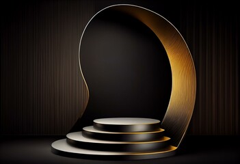 3d render of gold silver pedestal steps with curtain isolated on black background, golden circle stage, abstract minimal concept, blank space, simple clean design, luxury minimalist. Generative AI