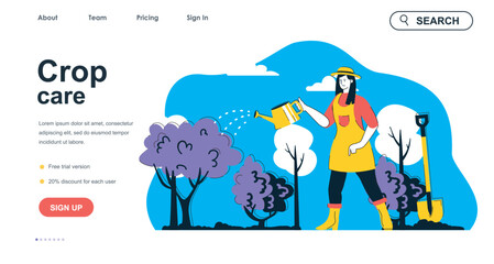 Aufkleber - Crop care concept for landing page template. Woman farmer watering plants and tree sprouts at garden. Gardening and farming people scene. Vector illustration with flat character design for web banner