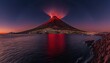 Famous volcanic eruption on sunset, by calm sea, imaginary volcano catastrophy on the island, AI generative illustration