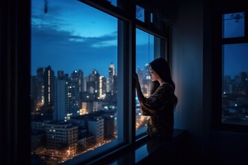 Young lonely girl looking out of the window on night town skyline, AI generative