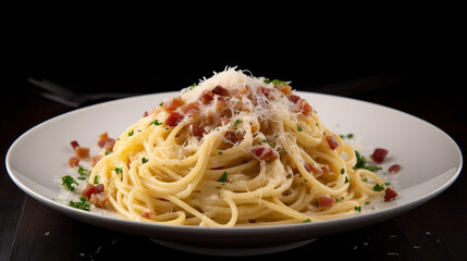 Canvas Print - Spaghetti carbonara with crispy pancetta and parmesan Generative AI