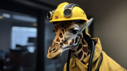 Wall Mural - Giraffe wearing a firefighter suit Generative AI