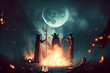 Occult witch sabbath ritual fire gathering in forest at night with moon eclipse. Scary spiritual and surreal background.