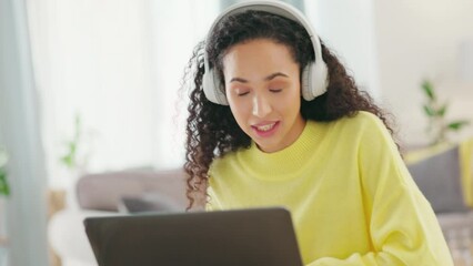 Poster - Video call, woman and wave in a living room with happiness and remote work from home. Computer talk, headphones and happy young female with a smile from web discussion and pc conversation in a house