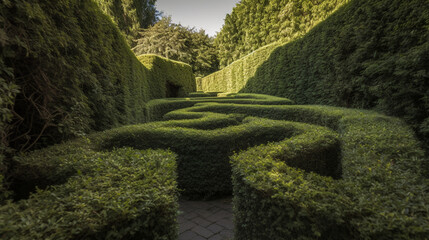 Canvas Print - A twisted overgrown hedge maze with no way out Generative AI