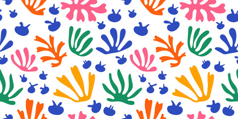 Abstract leaf cutout shapes seamless pattern. Trendy colorful freehand leaves background design. Matisse inspired decoration wallpaper, childish nature symbols.	