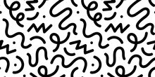 Fun Black And White Abstract Line Doodle Seamless Pattern. Creative Minimalist Style Art Background For Children Or Trendy Design With Basic Shapes. Simple Childish Scribble Backdrop.