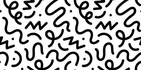 Fun black and white abstract line doodle seamless pattern. Creative minimalist style art background for children or trendy design with basic shapes. Simple childish scribble backdrop.