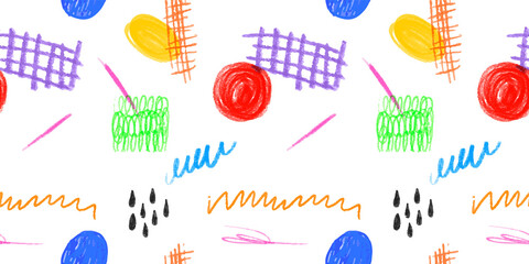 Leinwandbilder - Colorful children pencil doodle seamless pattern . Childish freehand scribble and hand drawn crayon shapes background.