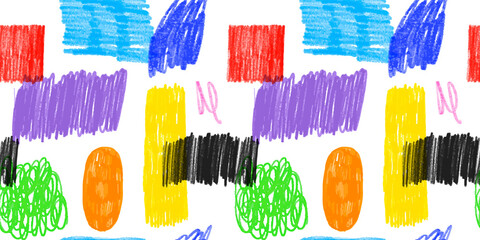 Fototapete - Colorful children pencil doodle seamless pattern . Childish freehand scribble and hand drawn crayon shapes background.