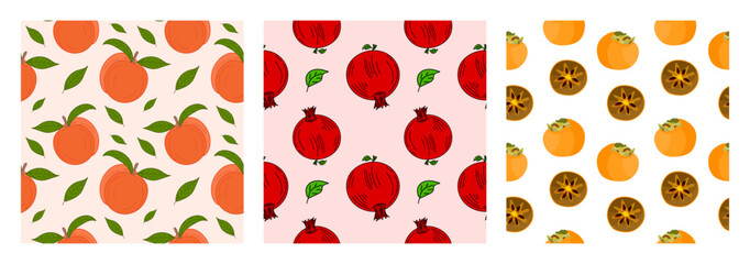 Wall Mural - Set of seamless patterns. Flat illustration of fresh fruits Peach or Abricot, Pomegranate, Persimmon or Kaki. Design for fabric, textile, wrapping paper. Set of tre Colorful Seamless Patterns. Vector