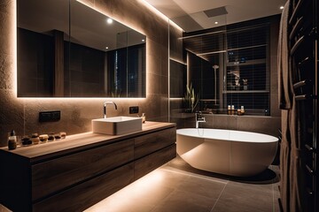 sleek marble bathroom with LED lighting, double vanity, and freestanding tub