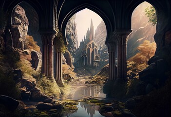 Digital illustration featuring the inside of an elven city. Tall arches in a fortress between mountains. Elf keep in a fantasy medieval illustration. Vegetation and a stream of water. Generative AI