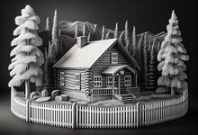 Wooden House Made Of Round Logs, Villa, Tiny House, Wooden Cottage, On The Background Of A Fence And Fir Trees Illustration For Advertising Construction Work. Black And White Picture. Generative AI