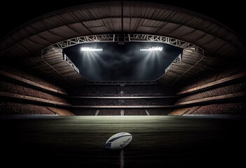 rugby stadium with fans under roof with spotlights. Generative AI
