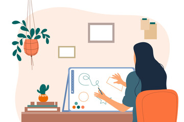 Wall Mural - artist creating illustration. graphic designer and freelancer in workplace. girl sits with graphics 