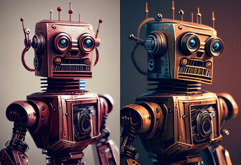 Changes in robot styling from the 1950s, illustration. Generative AI