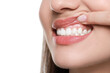 © New Africa - Woman showing healthy gums on white background, closeup. Space for text