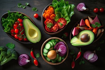 Wall Mural - Healthy Eating Made Delicious: Fresh Vegetables in Heart-shaped Bowls for Lunch, Dinner, or Salad, Generative AI