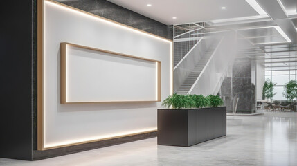 Wall Mural - corporate branding white blank frame mockup with modern business offices reception background - Generative AI