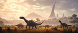 dinosaurs at sunset
