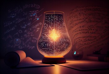 Glowing lamp as a symbol of scientific thought against the background of physical and mathematical formulas. Science and education background. Generative AI