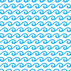 Canvas Print - Blue ocean and sea waves seamless pattern. Vector repeating marine tile backdrop, abstract background with simple nautical ornament, curly water splashes for fabric, textile, wrapping paper design