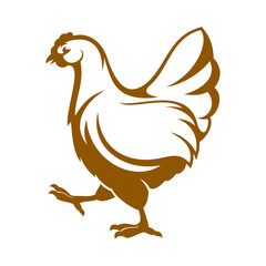 Sticker - Hen icon, chicken farm and poultry production industry isolated vector emblem. Fowl, farmer eggs, organic meat products monochrome simple label with chicken brown silhouette, domestic bird symbol