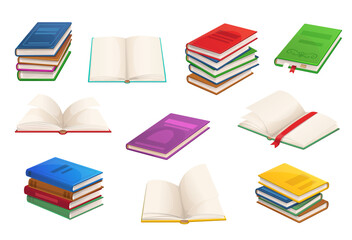 Wall Mural - Cartoon books, textbooks and bestsellers, opened books in stacks. Library isolated vector literature books or school education, opened textbooks with bookmark and closed in pile stacks