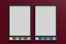 Now Showing And Coming Soon Movie Poster Mockup On Red Wall, 3d Rendering