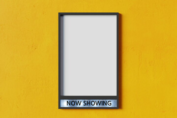 now showing movie poster mockup on yellow wall, 3d rendering